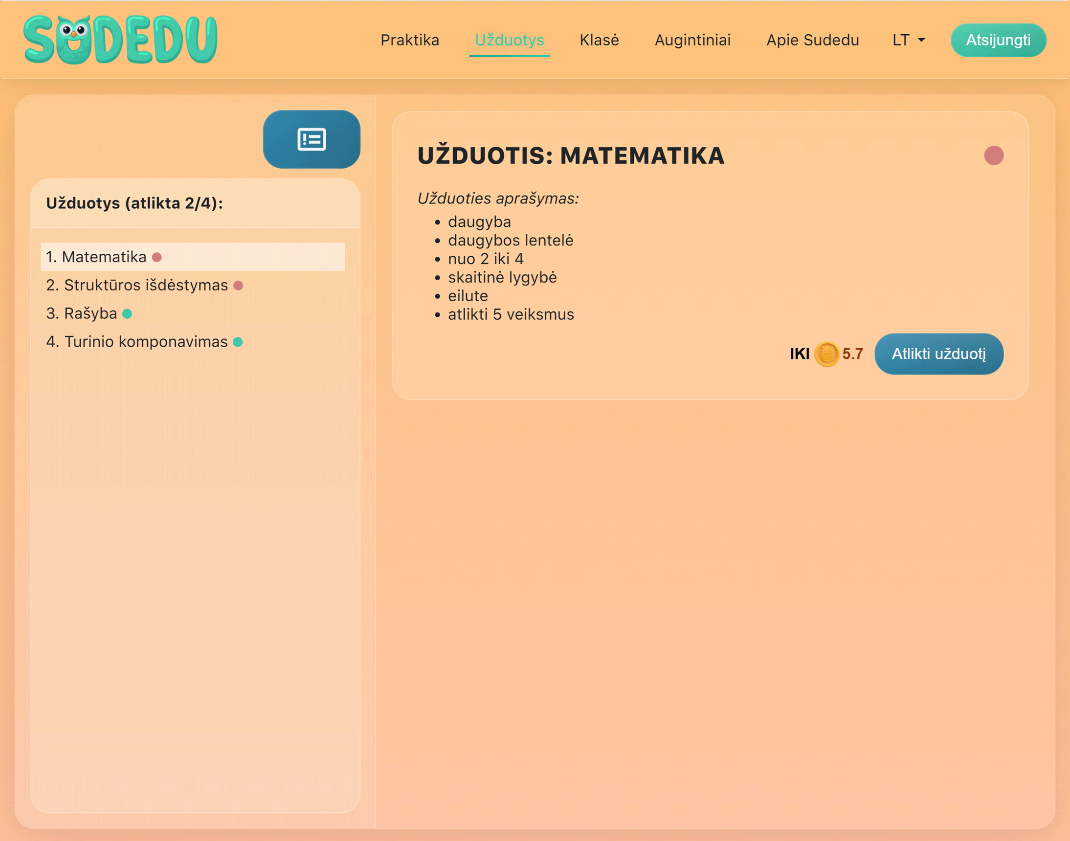 Mokinio užduočių sąrašas